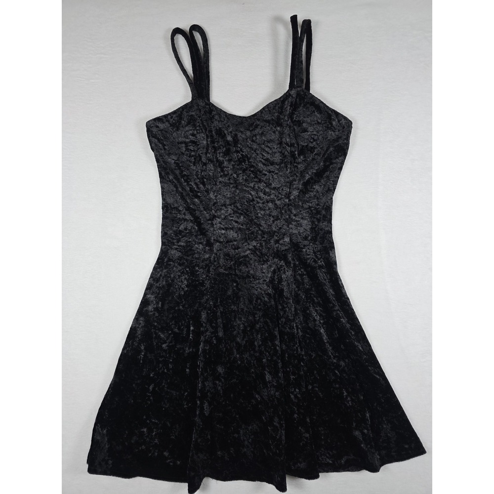90s Crushed Velvet Mini Skater Dress Vintage Medium Black Grunge Whimsigoth Fall